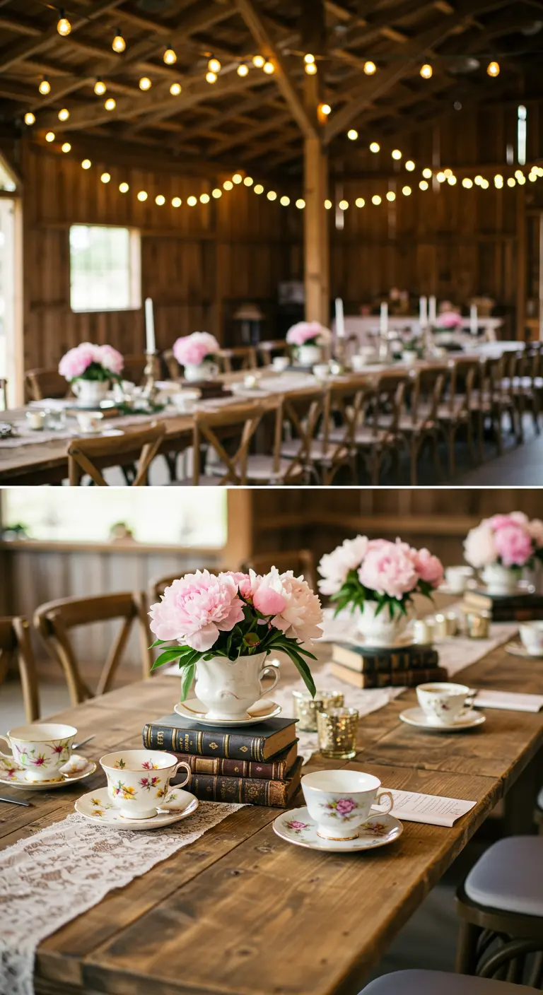Rustikaler Holztisch mit Spitzenläufer, Büchern und Teetassen mit rosa Pfingstrosen.