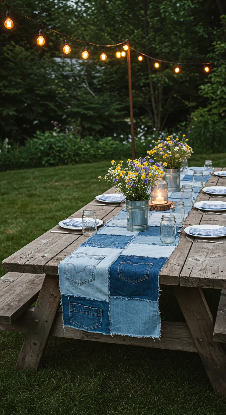 DIY-Tischläufer aus alten Jeans-Flicken auf einem Holztisch im Garten.