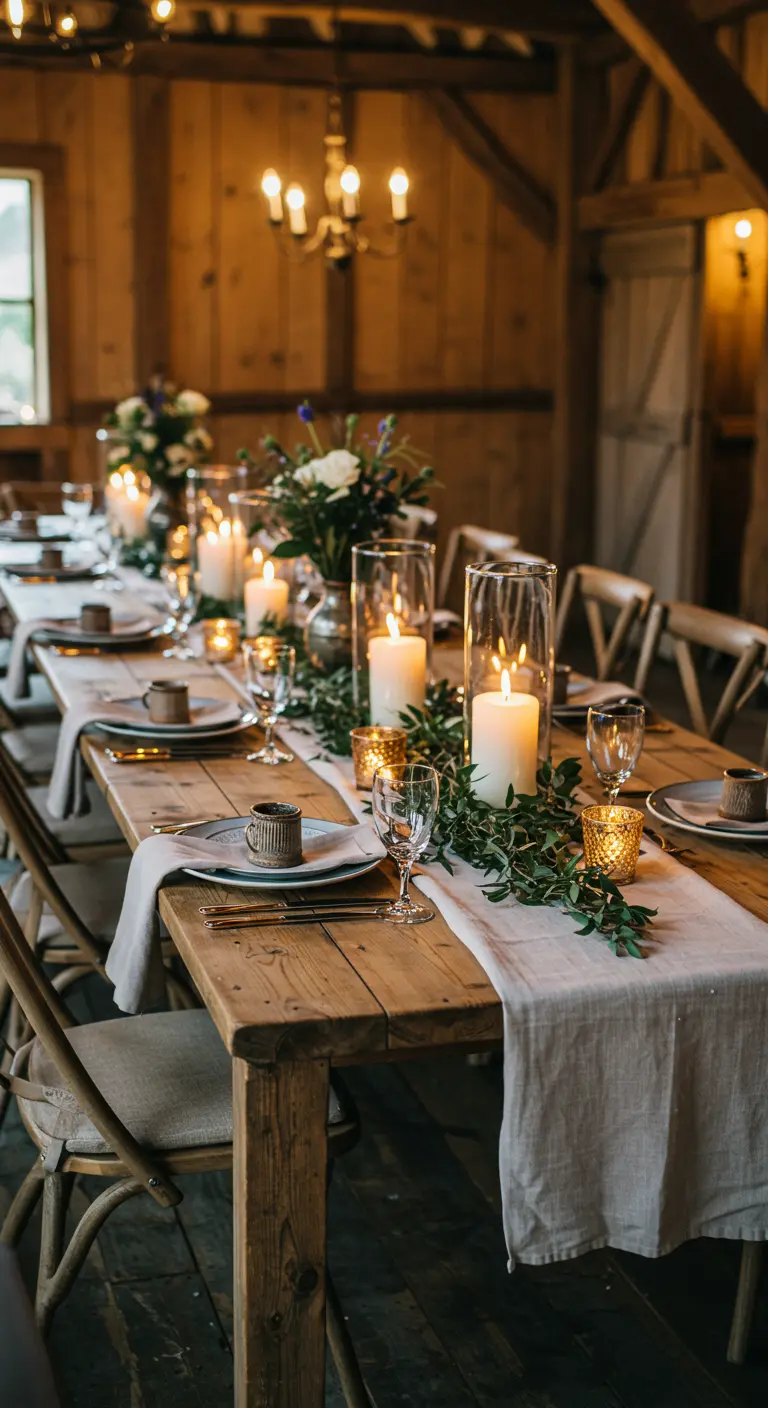 Langer Holztisch mit Stumpenkerzen in hohen Gläsern und einer Eukalyptusgirlande