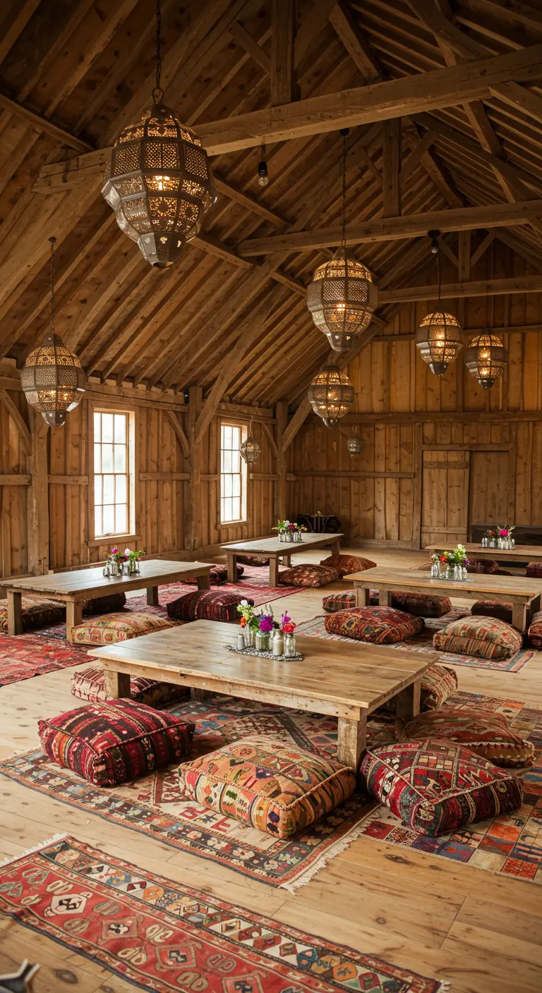 Rustikale Holzscheune, eingerichtet mit niedrigen Tischen, Kelim-Kissen und Metalllaternen.