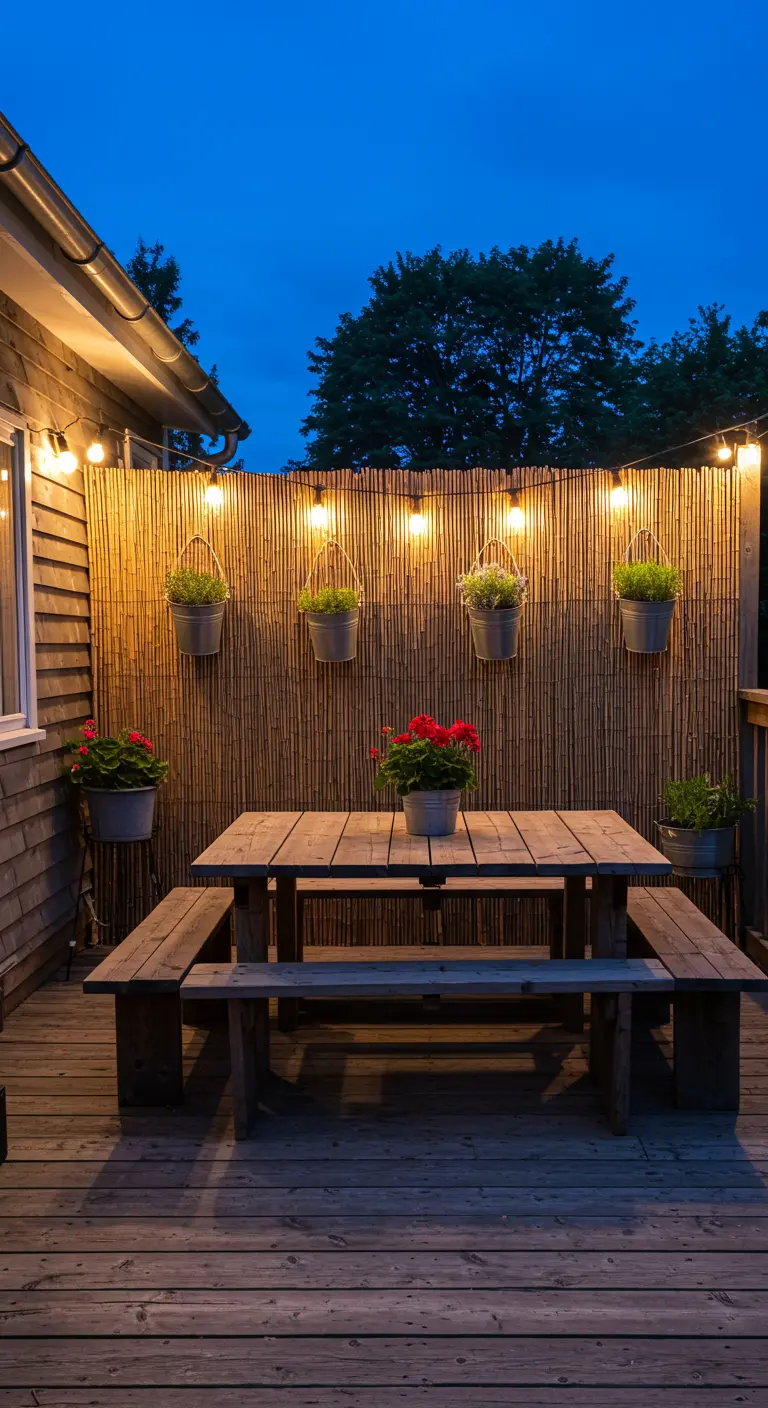Holzterrasse mit Bambuswand, an der Zinkeimer mit roten Geranien hängen.