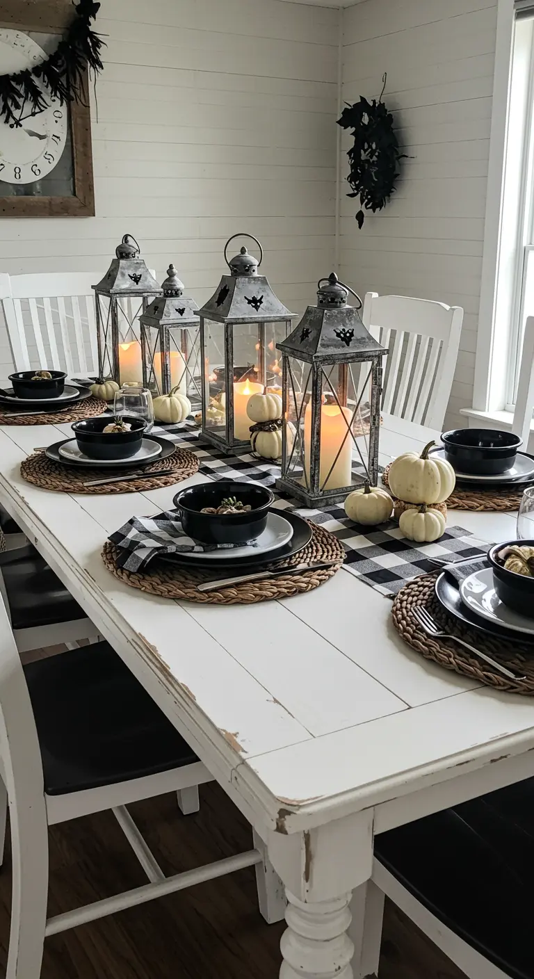 Weißer Landhaustisch mit Karo-Läufer, Laternen, weißen Kürbissen und schwarzem Geschirr.