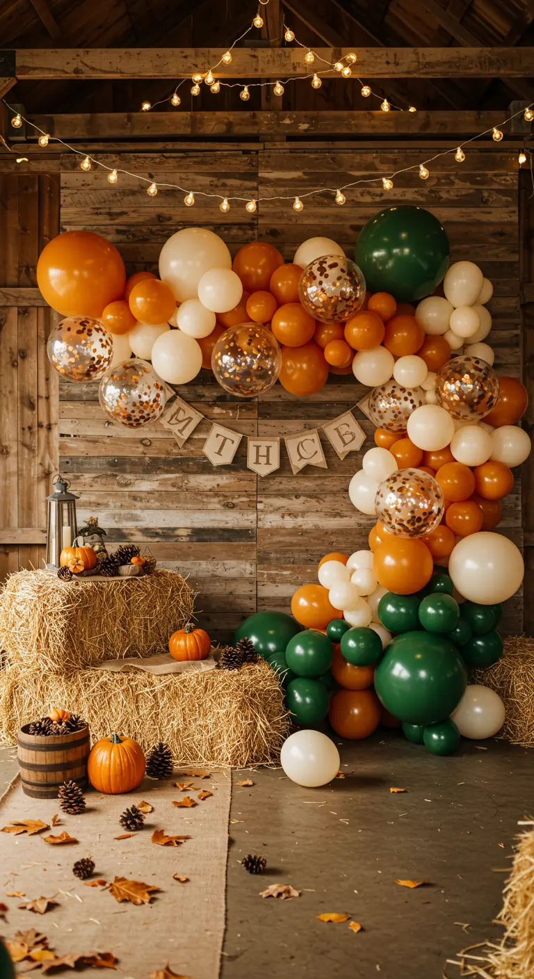 Herbstlicher Ballonbogen mit Kürbissen und Heuballen vor einer Holzwand