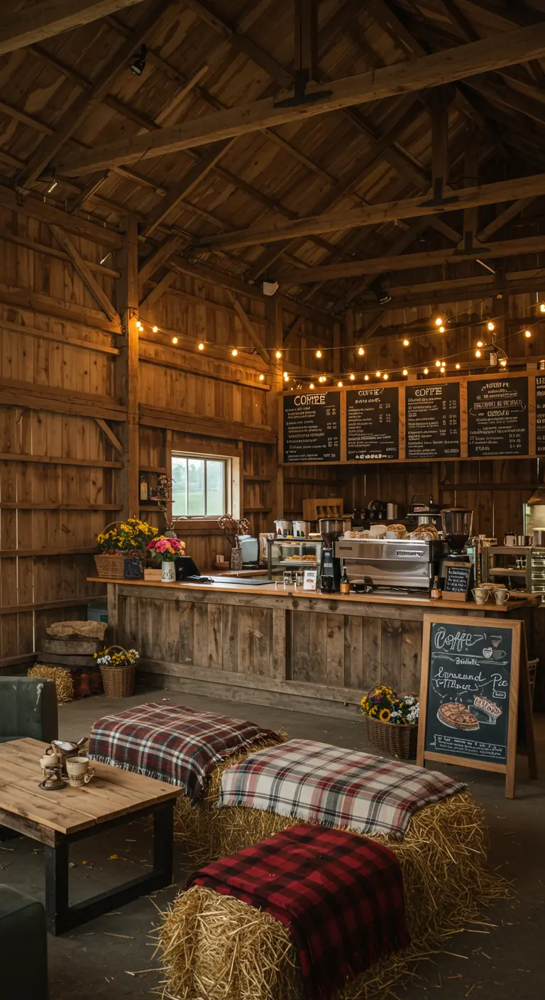 Gemütliche Kaffeebar in einer Holzscheune mit Strohballen-Sitzen und Lichterketten.