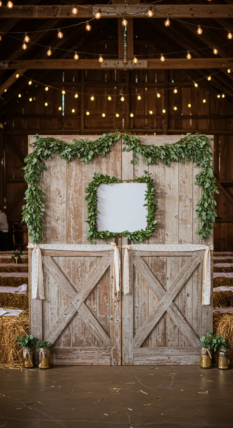 Rustikale Scheunentore, dekoriert mit Eukalyptusgirlanden und Lichterketten für eine Hochzeit.