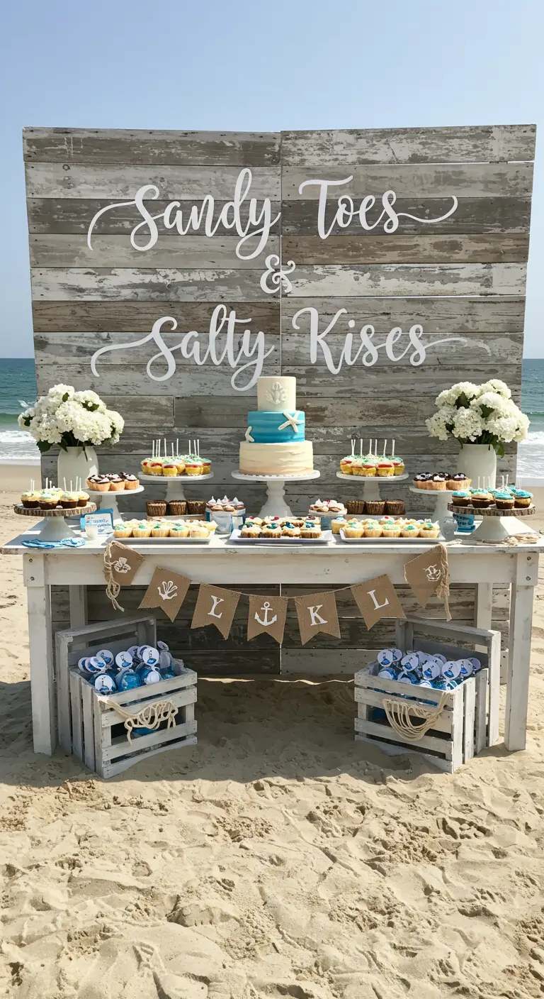 Desserttisch am Strand vor einer Holzwand mit Schriftzug, dekoriert in Weiß und Blau.