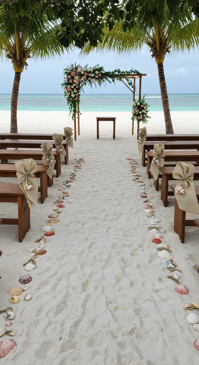 Hochzeitsgang im Sand, gesäumt von Muscheln und Holzbänken mit Juteschleifen.