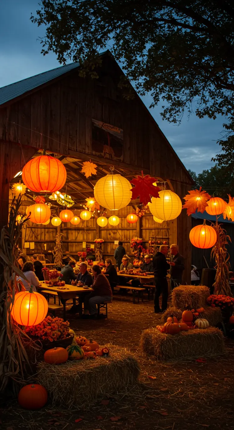 Orangefarbene Papierlampions und Herbstblätter hängen über Holztischen in einer rustikalen Scheune.