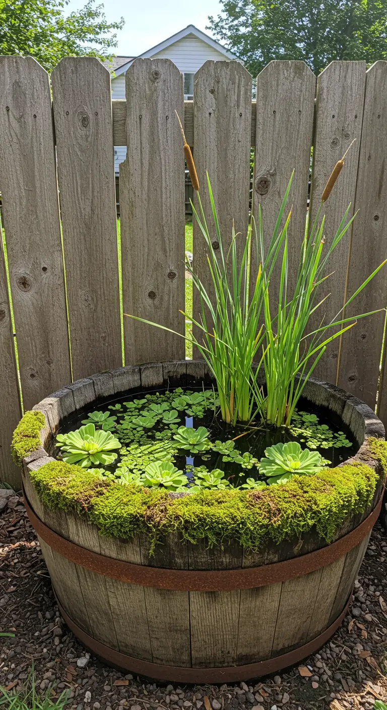 Ein altes Holzfass als Mini-Teich mit Wasserlinsen und Schilf vor einem Holzzaun.
