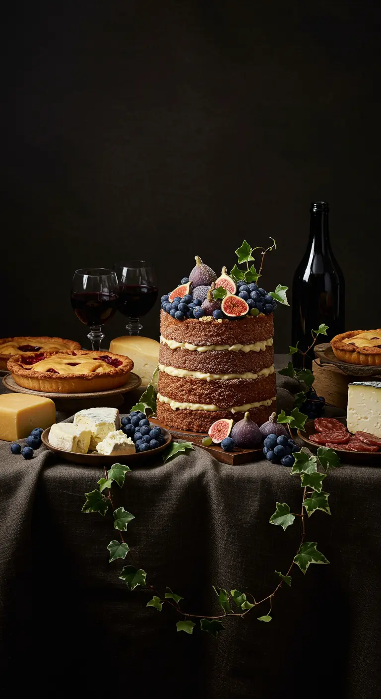 Naked Cake umgeben von Käse, Weintrauben, Feigen und Wein auf einem dunklen Tisch.