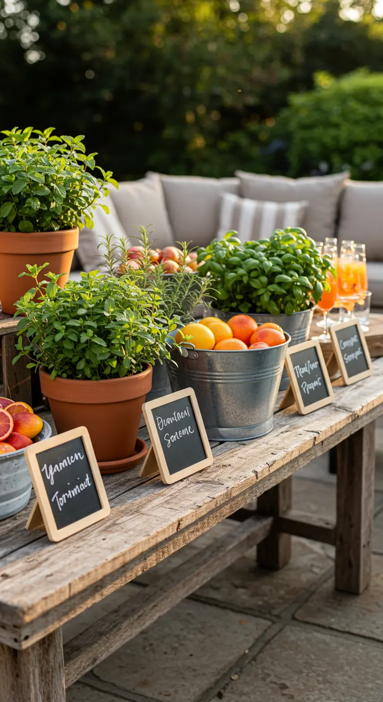 Rustikale Holzbank als Cocktail-Garnish-Station mit Kräutern in Töpfen und Zitrusfrüchten.