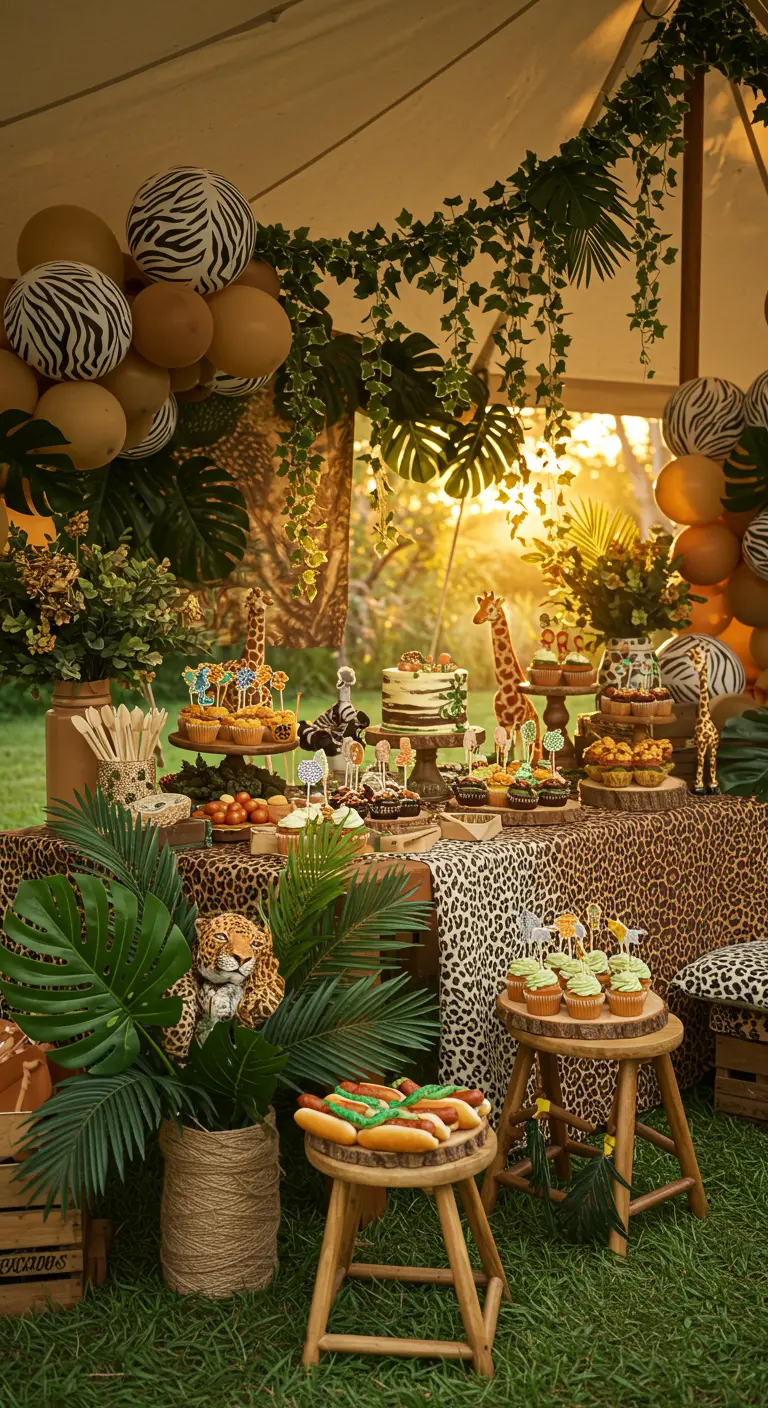 Safari-Dschungel-Buffet mit Tiermustern, tropischen Blättern, Luftballons in Erdtönen und Plüschtieren