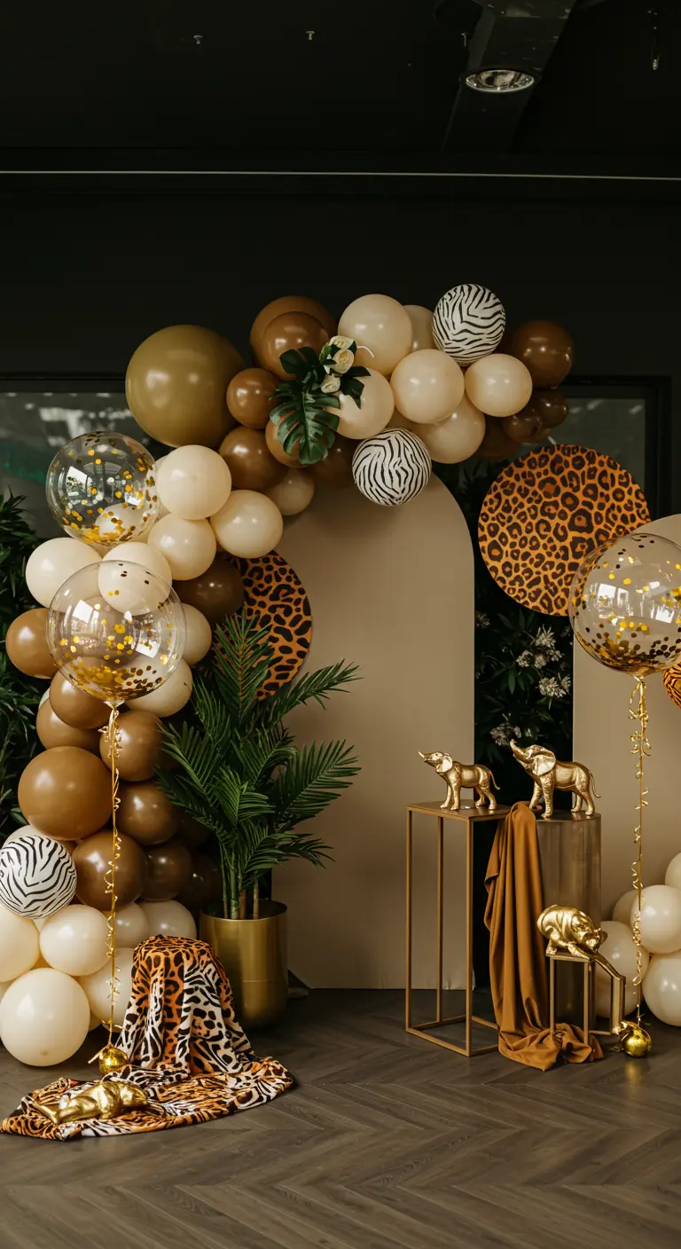 Safari-Ballonbogen in Erdtönen mit Tiermuster-Ballons und goldenen Tierfiguren