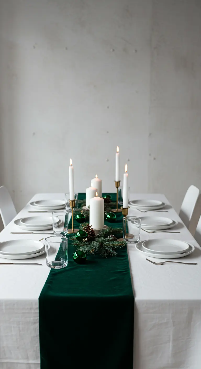 Tischdeko mit dunkelgrünem Samt-Tischläufer, Tannenzapfen und weißen Kerzen.