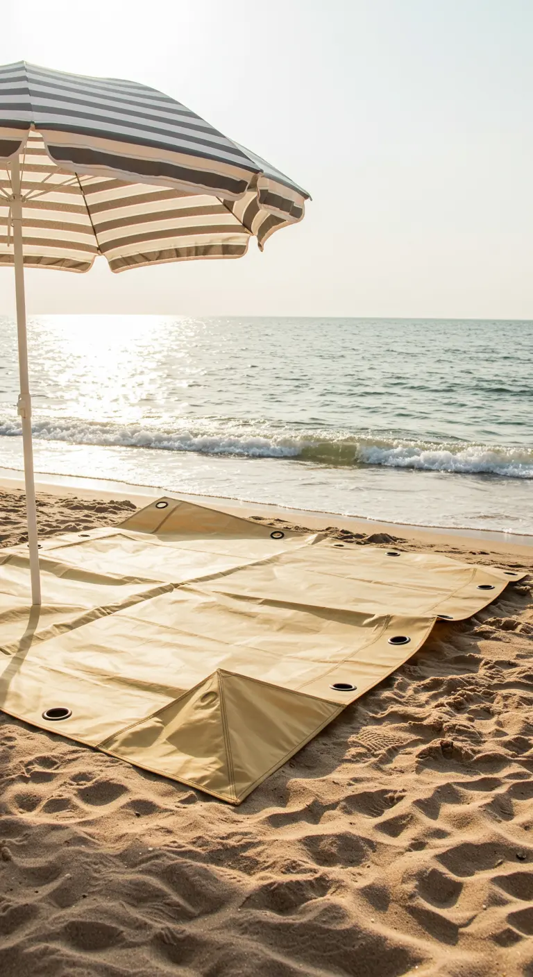 Eine sandfarbene Segeltuchmatte mit Ösen am Strand, ein Sonnenschirm spendet Schatten.