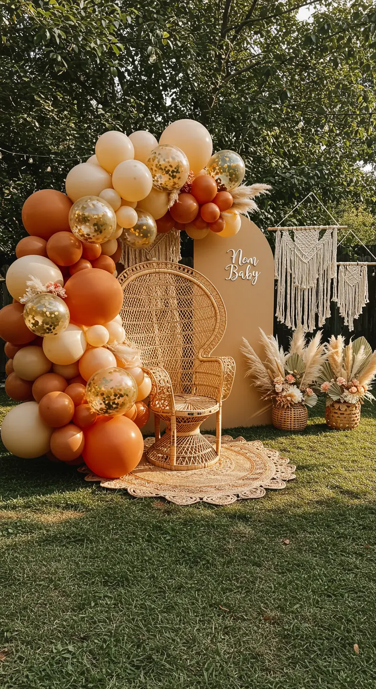 Erdtöniger Ballonbogen um einen Pfauenstuhl bei einer Boho-Gartenparty
