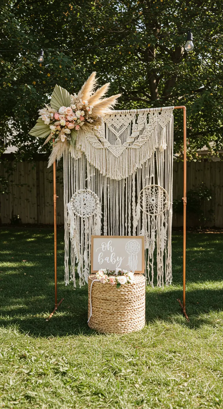 Boho-Photobooth im Freien mit Makramee-Wandbehang, Trockenblumen und einem Kupferrahmen
