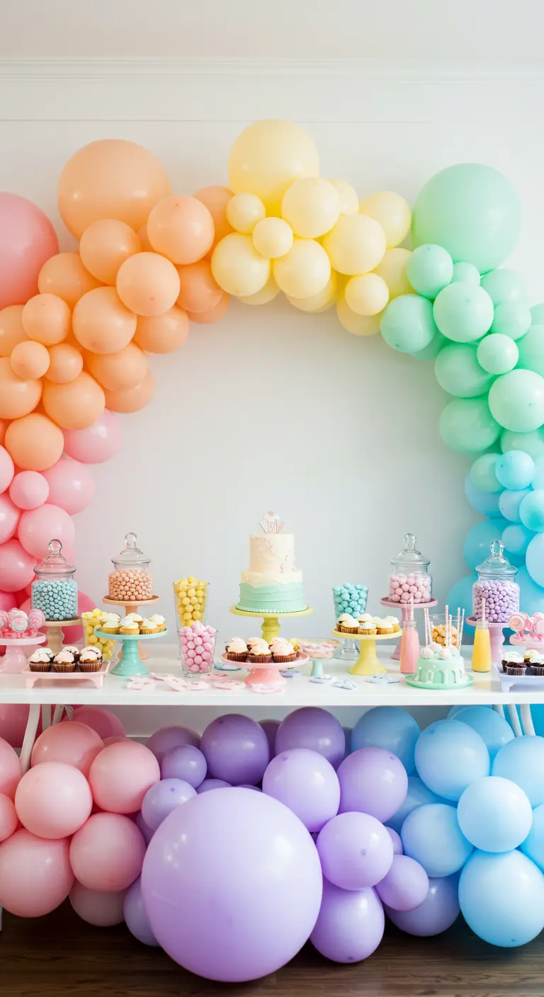 Ein von einer Pastell-Regenbogen-Ballongirlande umrahmter Sweet Table mit Torte und Süßigkeiten.