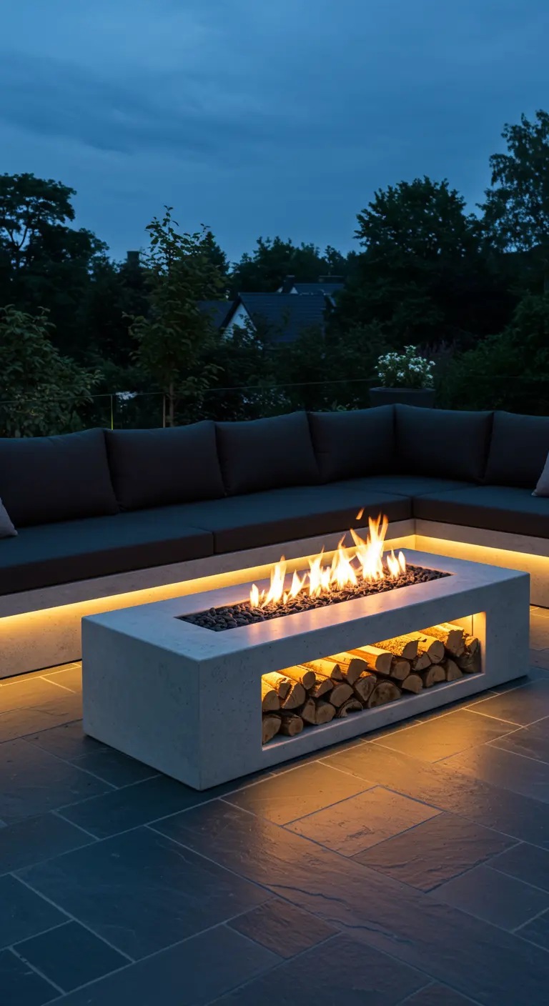 Moderne, rechteckige Beton-Feuerstelle mit LED-Beleuchtung und Holzfach.