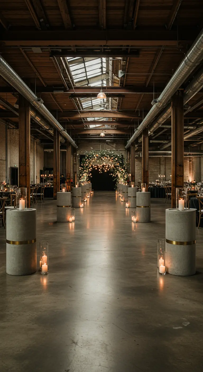 Weg in einer Industriehalle, gesäumt von hohen Betonsäulen mit Messingband und Kerzen.