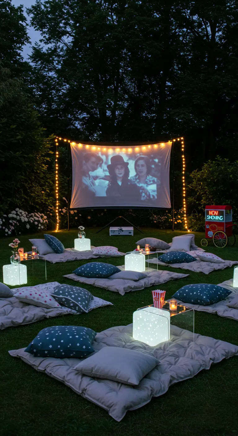 Eine Outdoor-Kinoleinwand im Garten, davor Kissen und leuchtende Würfel als Tische.