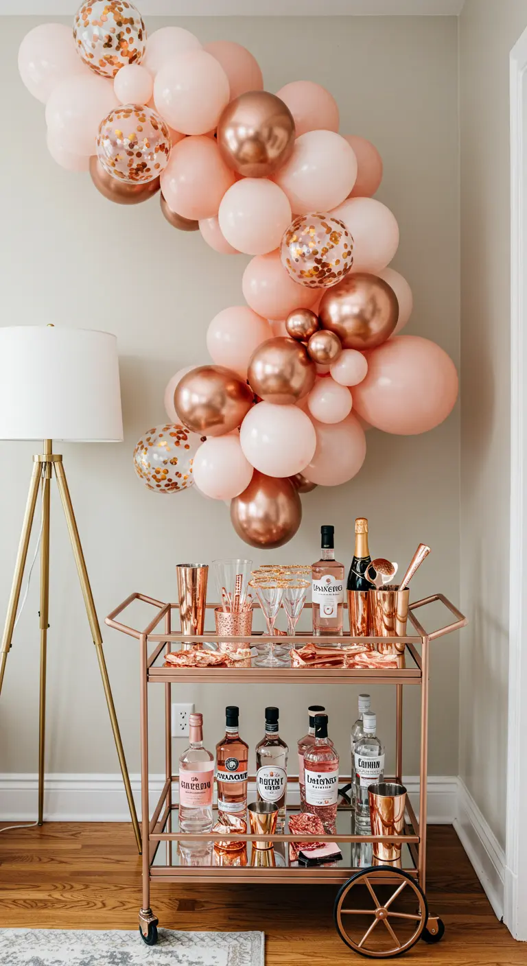 Roségoldener Barwagen unter einer organischen Ballongirlande in Rosa und Kupfer.