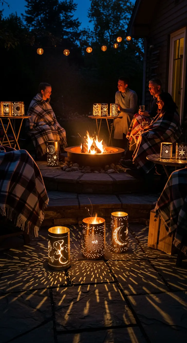 Dosenlaternen mit ausgestanzten Mustern werfen Lichtschatten auf eine Terrasse um eine Feuerstelle.