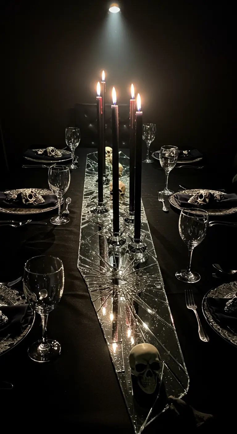 Dunkel gedeckter Tisch mit einem Läufer aus zerbrochenen Spiegelscherben und schwarzen Kerzen