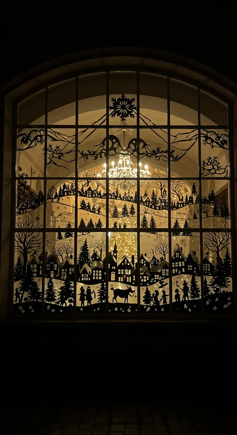 Großes Fenster, verziert mit einem detailreichen Scherenschnitt einer Winterlandschaft.
