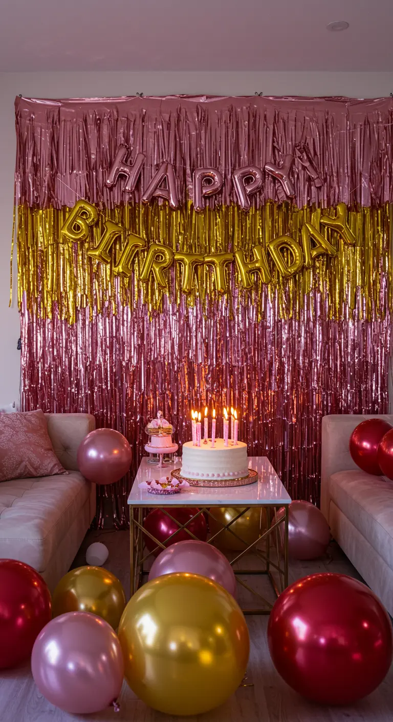 Ein schimmernder Backdrop aus pinken und goldenen Lametta-Vorhängen mit Geburtstagsballons.