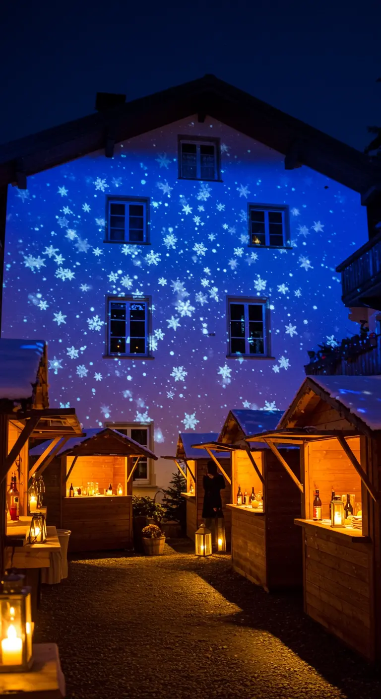 Blaue Schneeflocken werden nachts auf eine grosse Hausfassade projiziert.