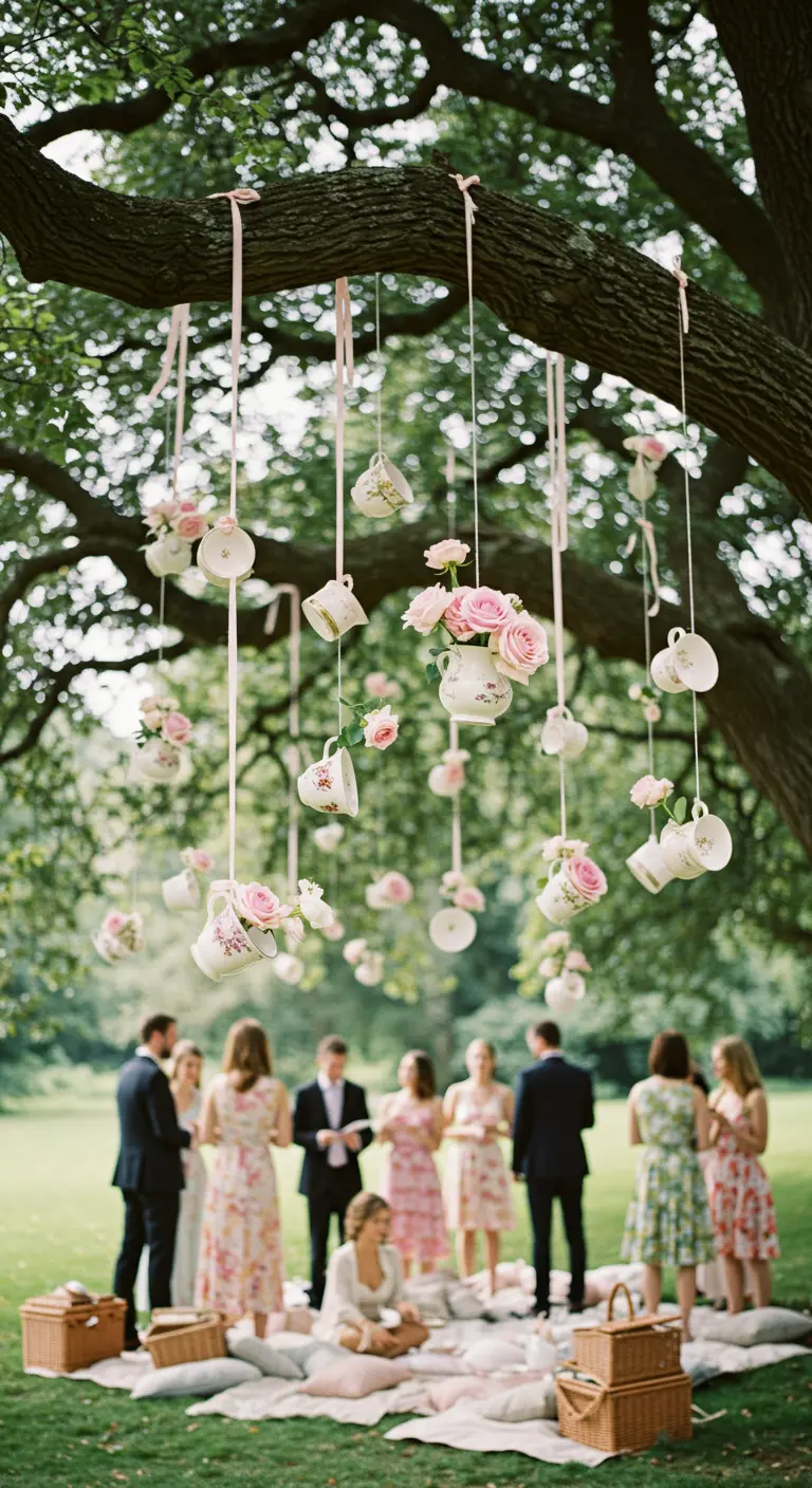 Hängende, mit Blumen gefüllte Teetassen an Bändern von einem Baumast.