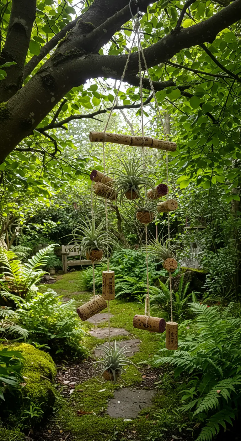 Ein Mobile aus Weinkorken und Tillandsien hängt an einem Baum in einem grünen Garten.