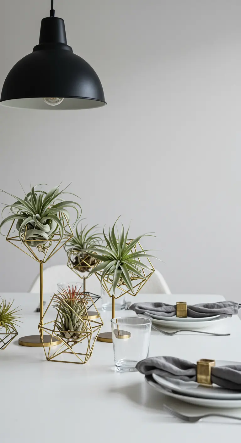 Luftpflanzen (Tillandsien) in geometrischen Messinghaltern auf einem minimalistischen Tisch.