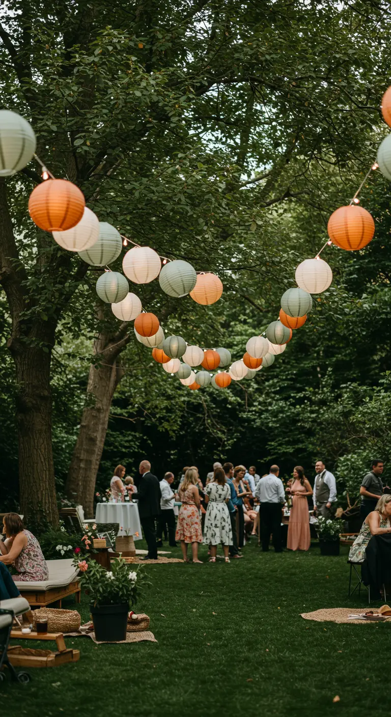 Papierlampions in Orange- und Grüntönen hängen über einer Gartenparty mit vielen Gästen.