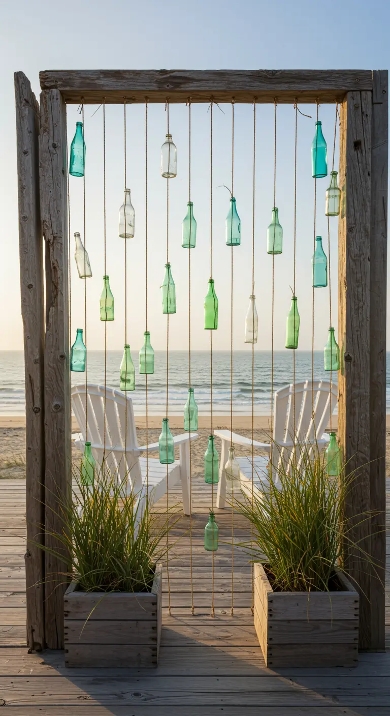 Ein Holzrahmen am Strand, in dem Glasflaschen an Schnüren hängen und den Blick aufs Meer freigeben.
