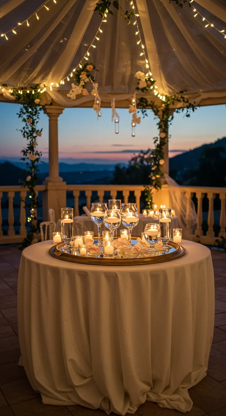 Rundes Spiegeltablett mit Wassergläsern, Schwimmkerzen und Teelichtern unter einem Pavillon