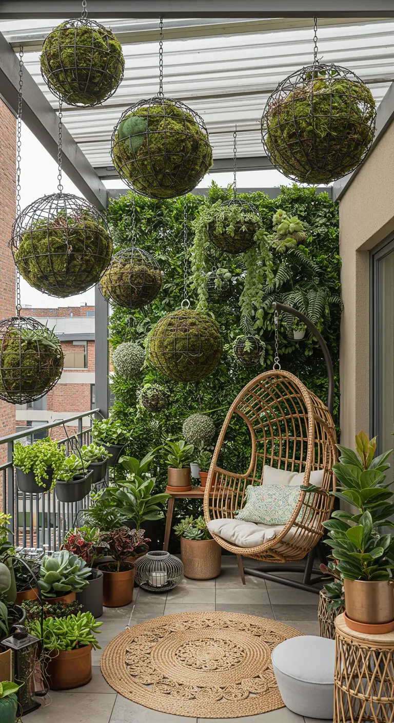 Hängende Mooskugeln auf einem dicht bepflanzten Balkon mit Hängesessel.