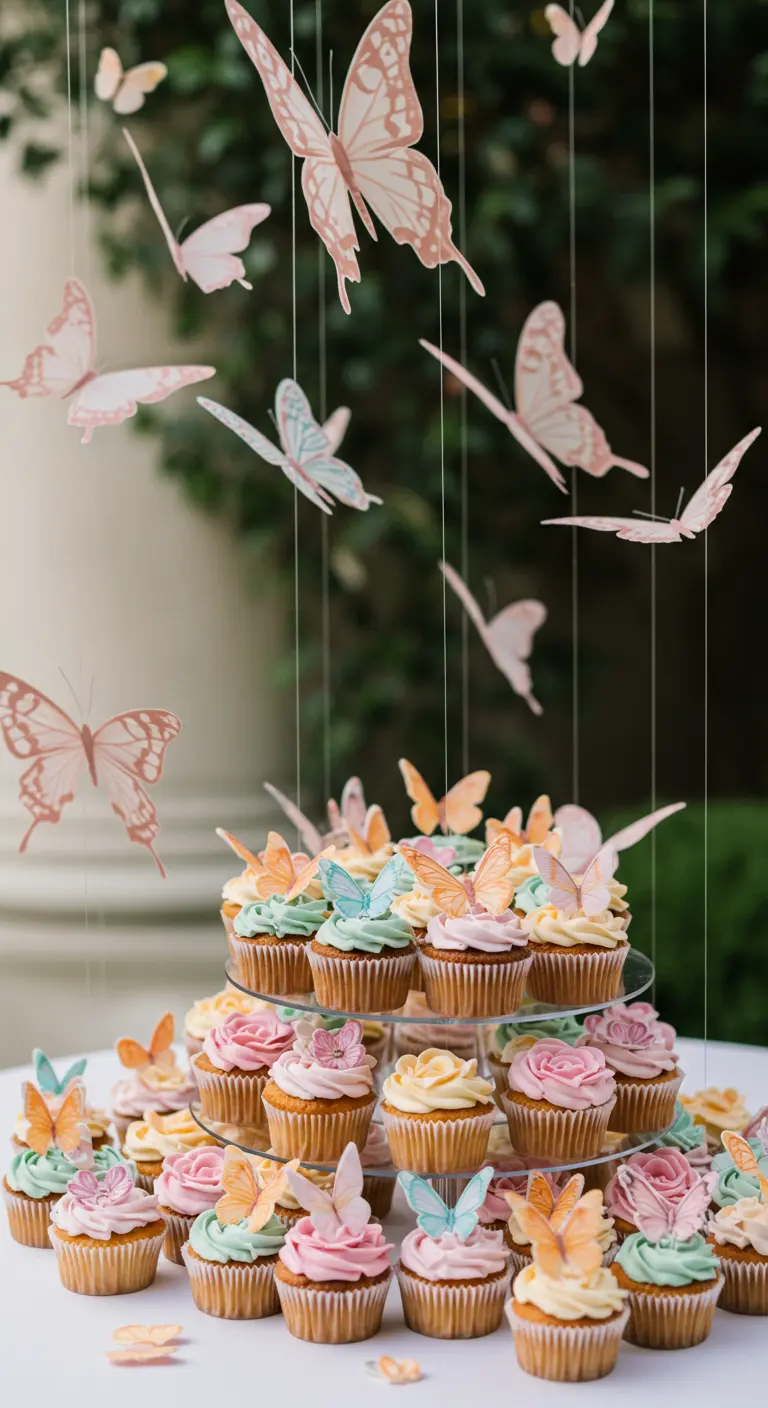 Cupcakes auf einer Etagere, über denen bunte Papierschmetterlinge an Fäden schweben.