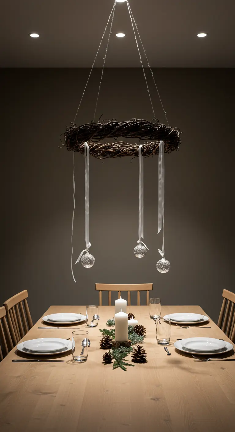 Großer, hängender Zweigkranz mit Kugeln über einem minimalistisch gedeckten Tisch.