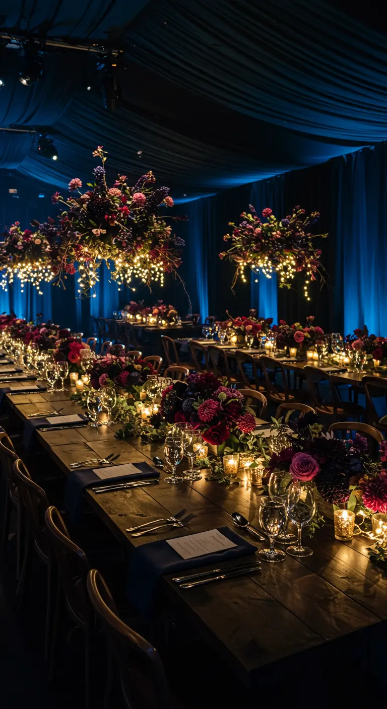 Hängende Blumenarrangements mit Lichterketten über einer langen, rustikalen Holztafel.