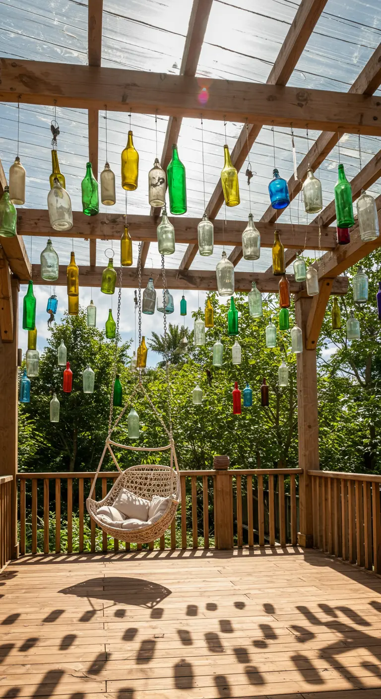 Eine Holzpergola, von deren Dach viele bunte Glasflaschen an Schnüren hängen, darunter ein Hängesessel.