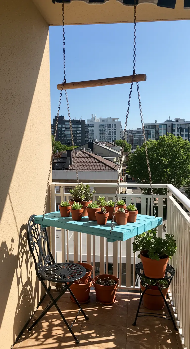 Hängende Futterstation aus türkisem Holz und Ketten auf einem Stadtbalkon.