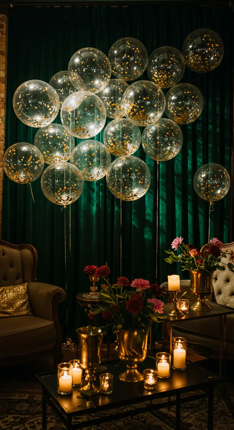 Gold-Konfetti-Ballons schweben vor einem dunklen, smaragdgrünen Vorhang