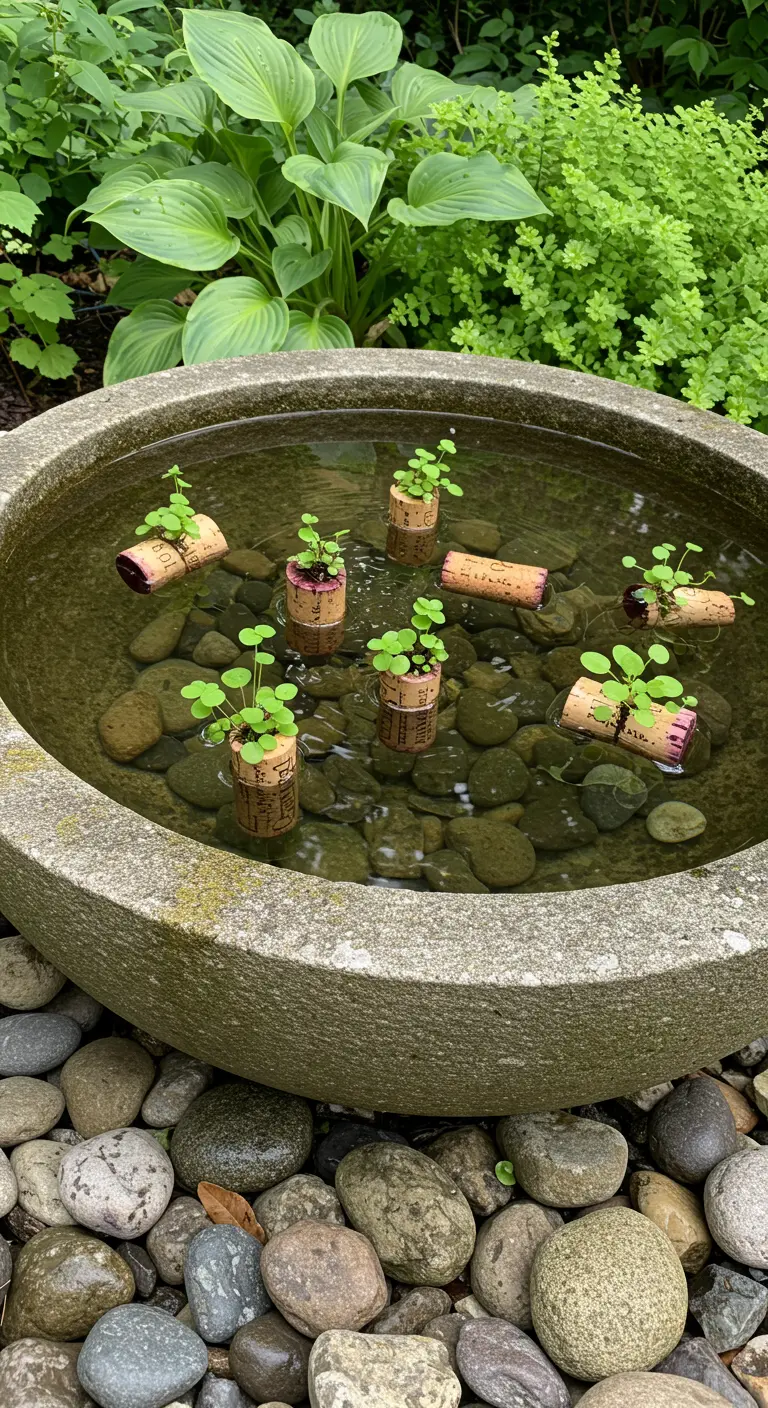 Bepflanzte Weinkorken schwimmen wie kleine Inseln in einer steinernen Vogeltränke.