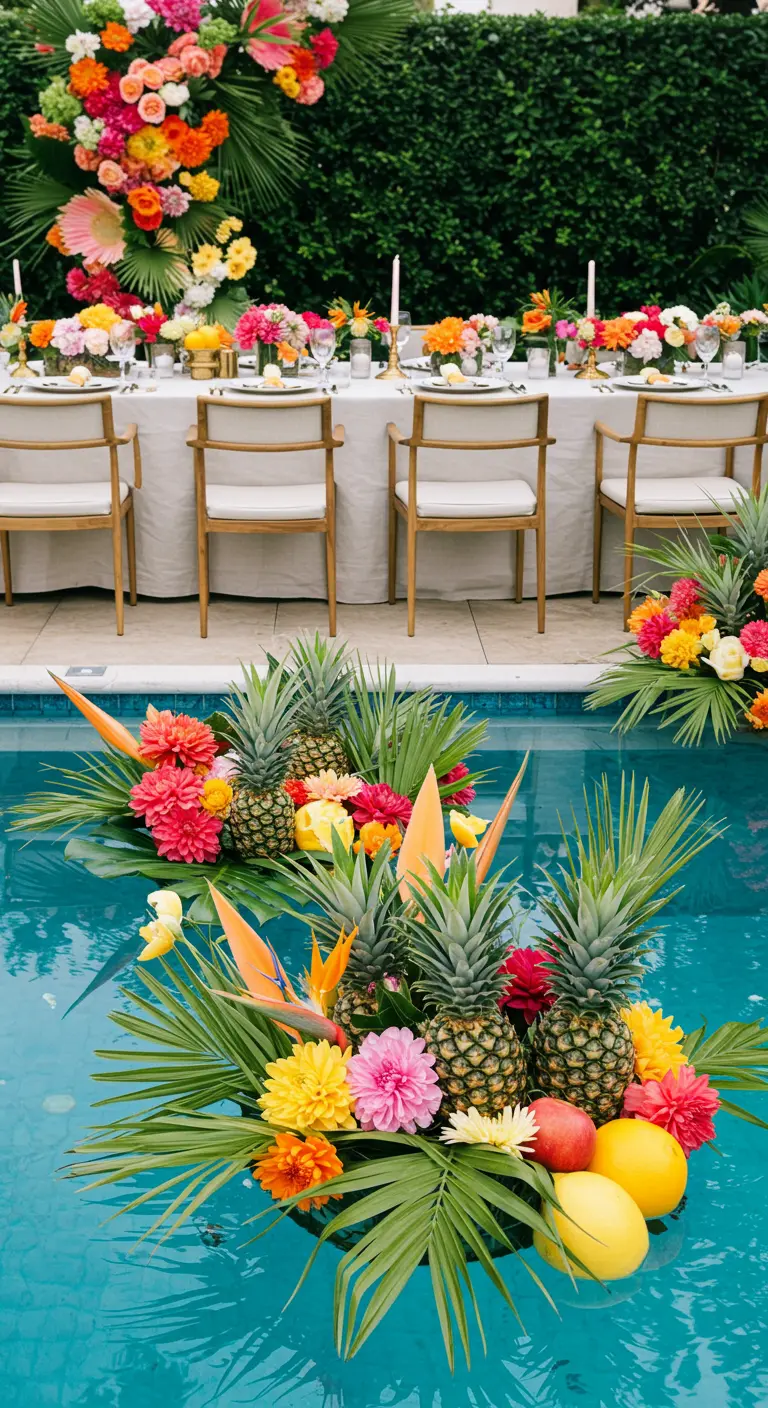 Schwimmende Arrangements aus Ananas, Blumen und Palmblättern in einem Pool