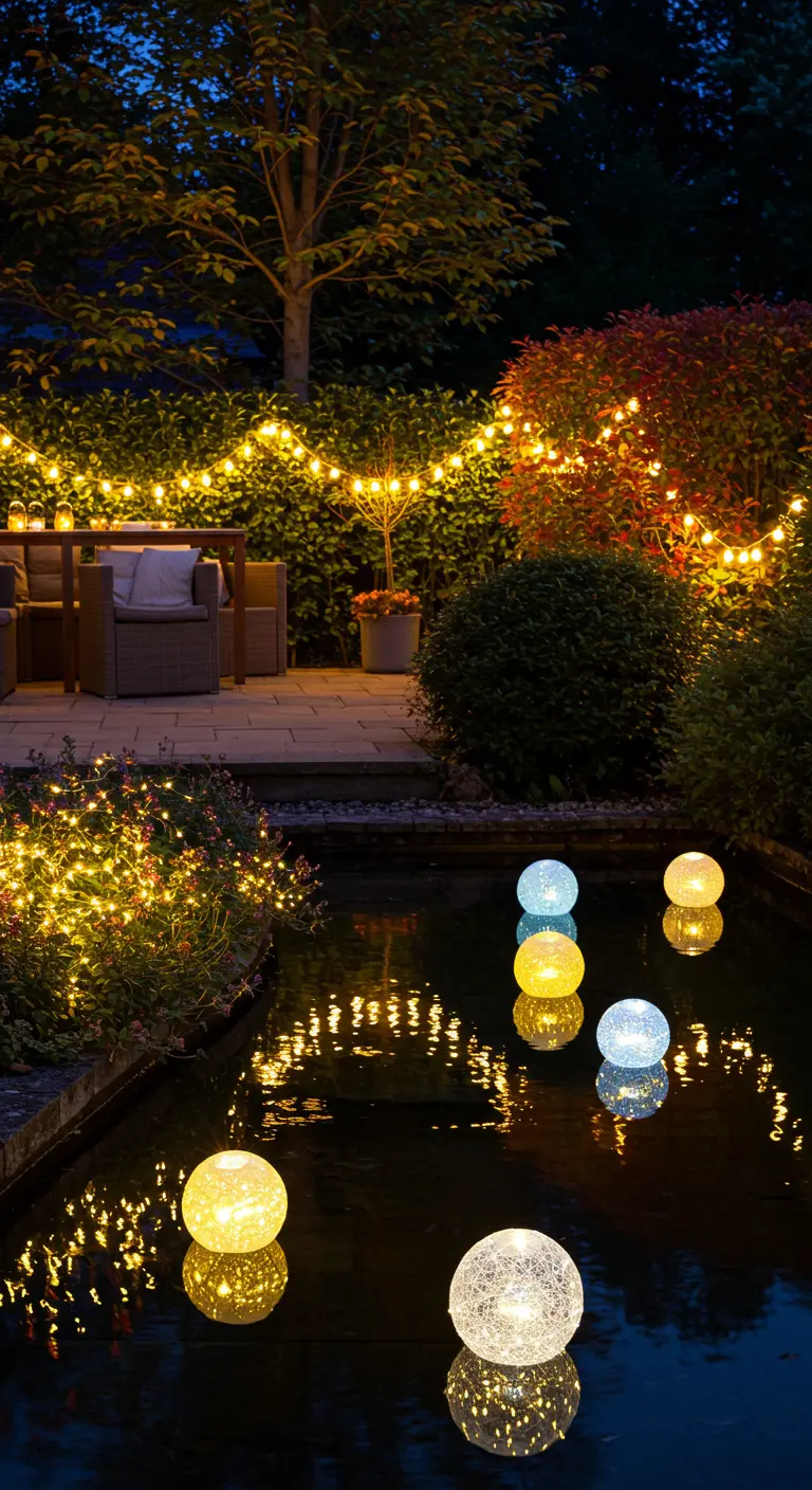 Gartenteich bei Nacht mit schwimmenden Leuchtkugeln und beleuchteten Büschen am Ufer