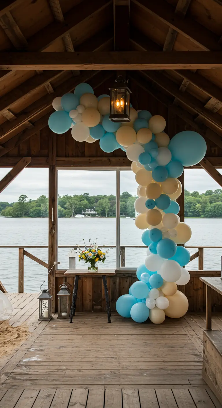 Ballonbogen in Blau und Creme, der ein Fenster in einem Bootshaus umrahmt
