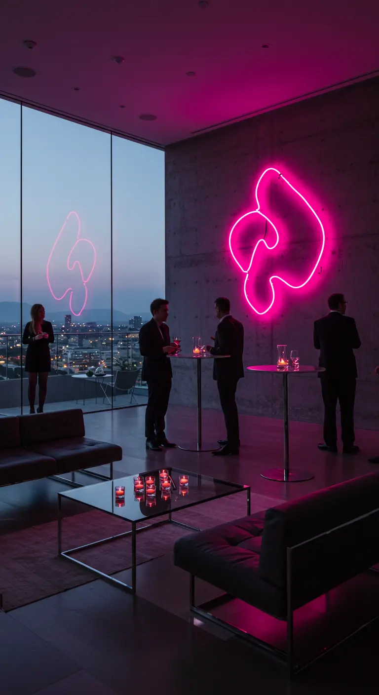 Ein modernes Loft mit Betonwänden, in dem ein großes, pinkes Neon-Kunstwerk leuchtet.