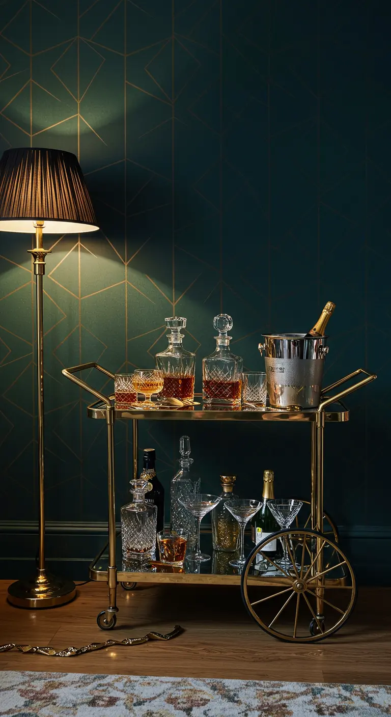 Eleganter goldener Barwagen mit Kristallkaraffen vor einer dunkelgrünen Wand.